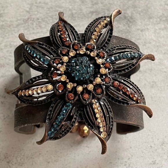 Seasonal Whispers RARE Multi-Color Crystal Pave Flower Cast Metal Cuff Bracelet - Picture 2 of 8